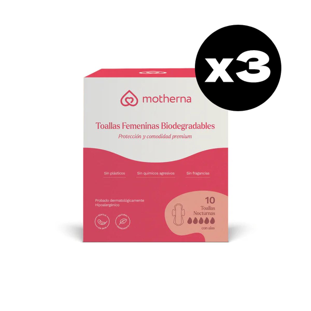MOTHERNA - Pack Triple Toallas Femeninas Nocturnas Biodegradables Motherna 30 uns