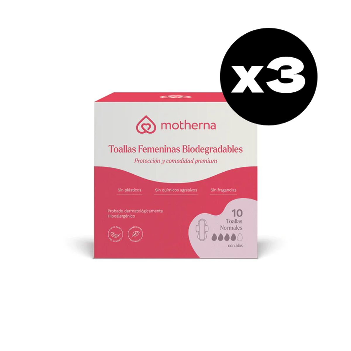 MOTHERNA - Pack Triple Toallas Femeninas Normal Biodegradables Motherna 30 uns