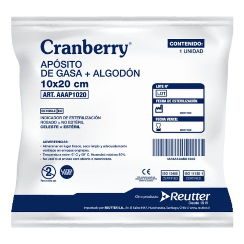 GENERICO - Apósito De Gasa + Algodón 10 X 20 Cm Cranberry bolsax10 Un