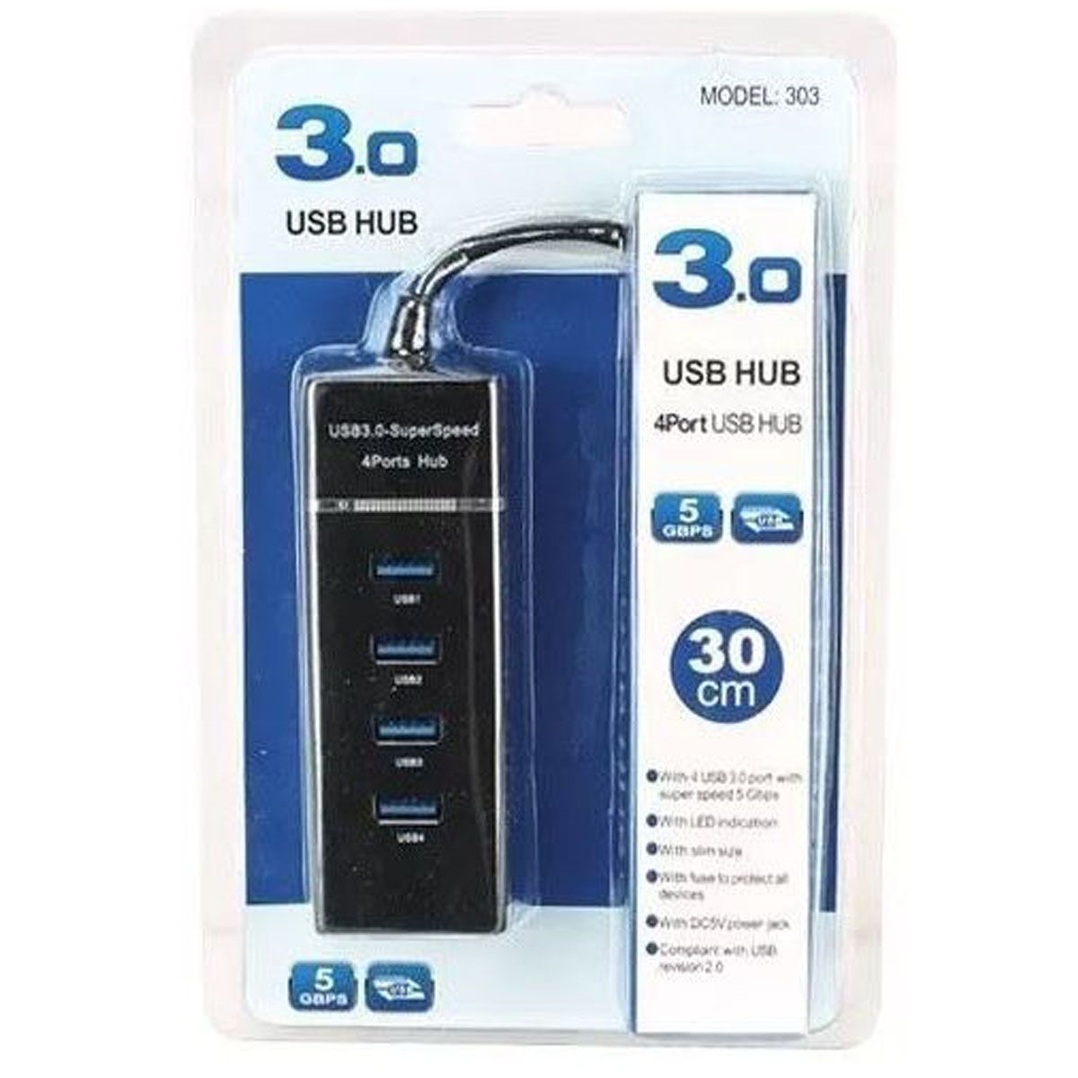 GENERICO - HUB USB 4 PUERTOS 3.0 , NEGRO. 30 CMS