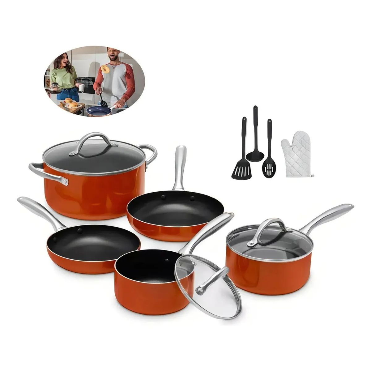 MOVI - Batería de cocina antiadherente 11 piezas con utensilios y guantes