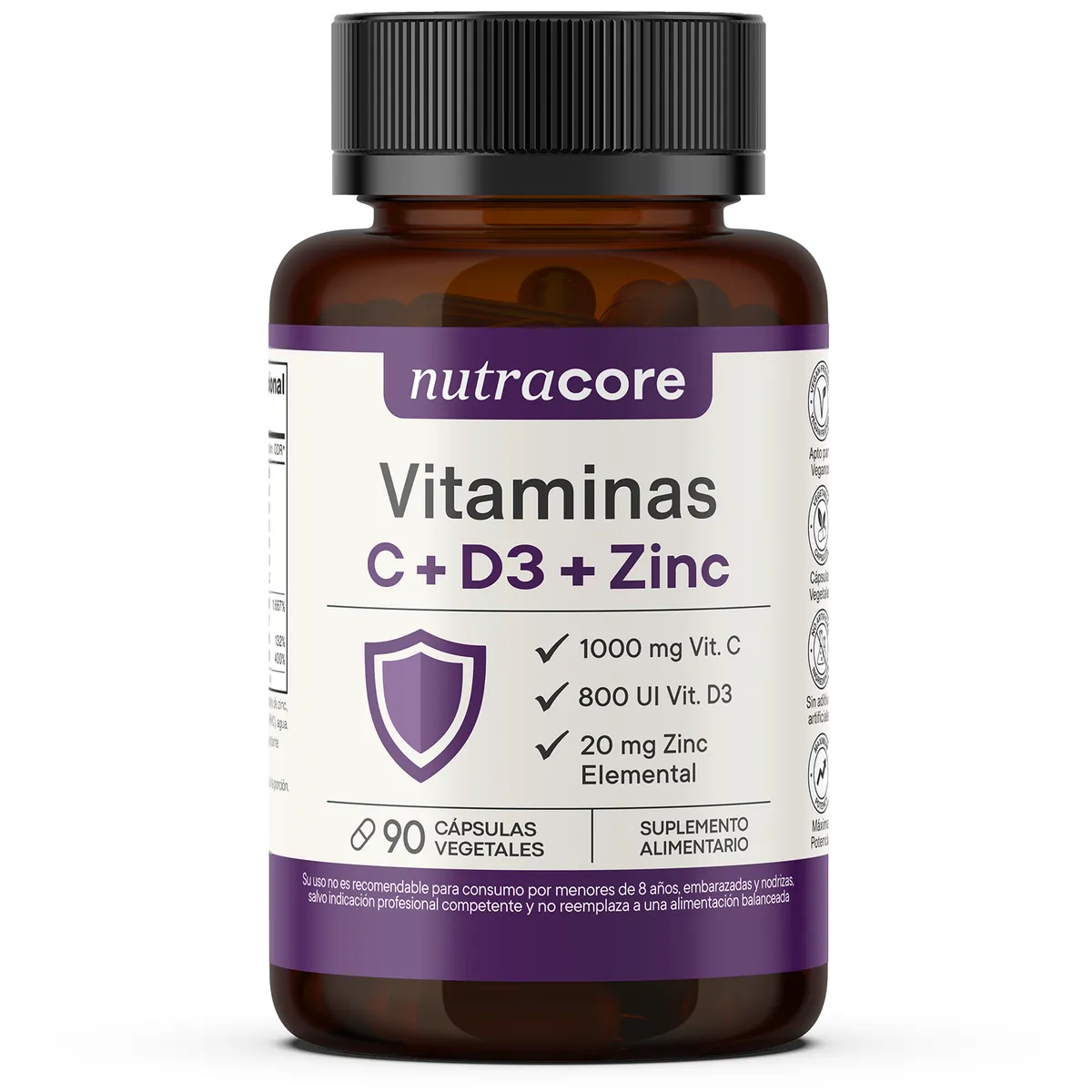 NUTRACORE - Vitaminas C + D3 + Zinc - 90 Cápsulas Vegetales - Nutracore