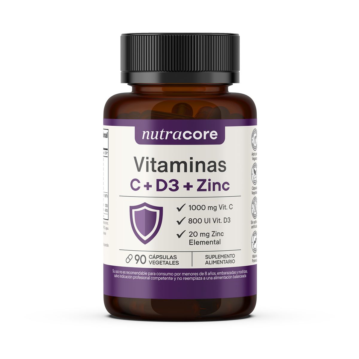 NUTRACORE - Vitaminas C + D3 + Zinc - 90 Cápsulas Vegetales - Nutracore