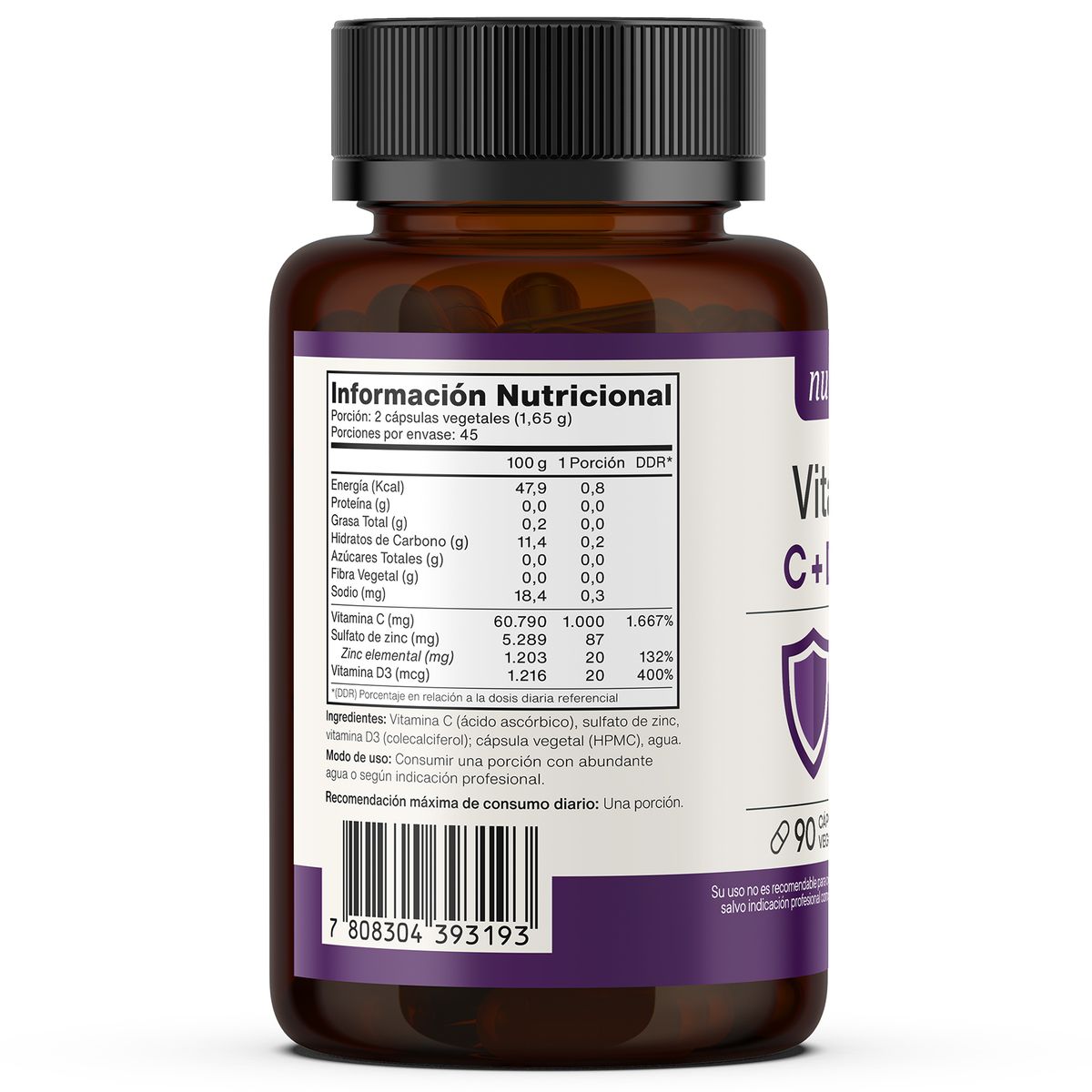 NUTRACORE - Vitaminas C + D3 + Zinc - 90 Cápsulas Vegetales - Nutracore
