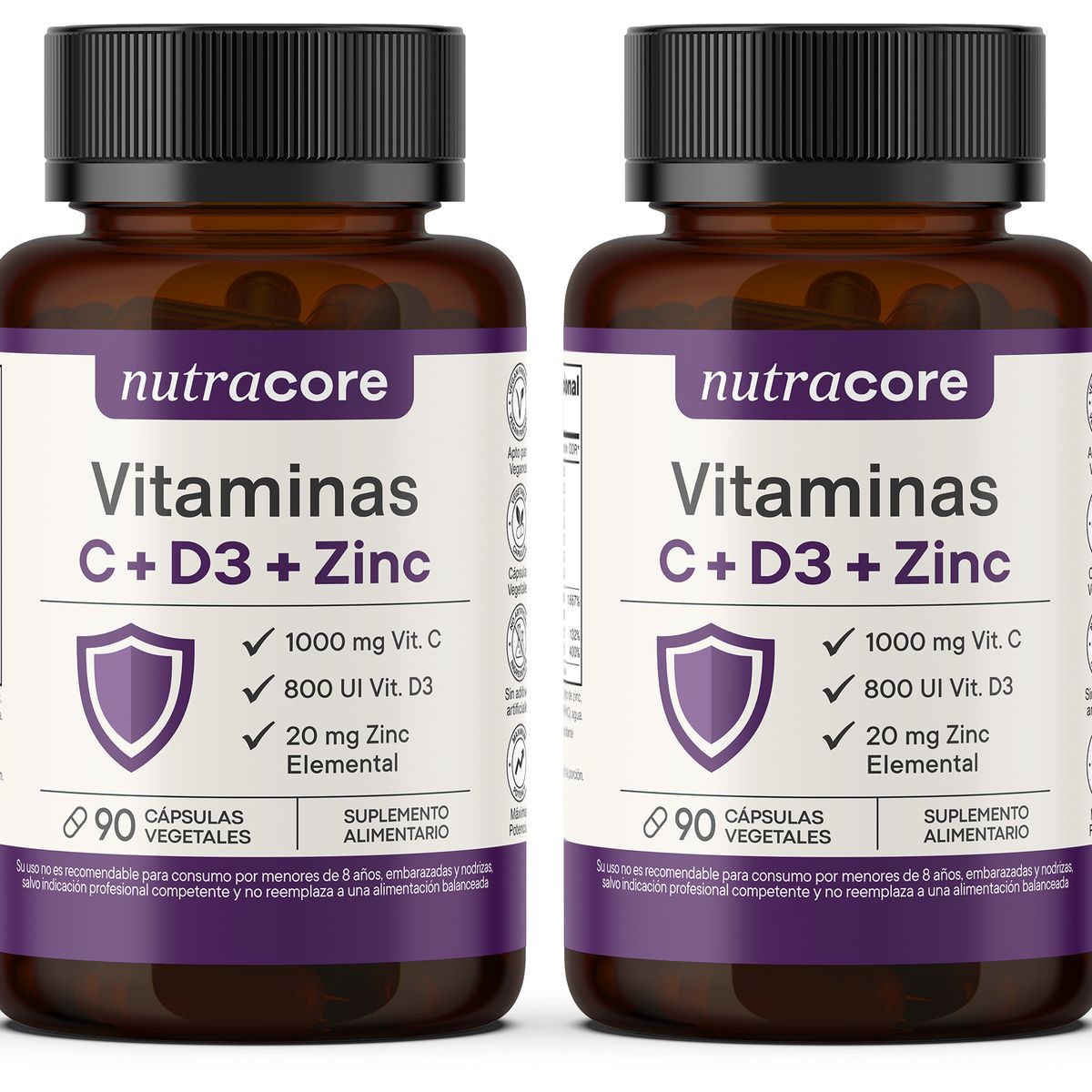 NUTRACORE - Vitaminas C + D3 + Zinc - Pack 3 Meses 2x90 Cápsulas Vegetales - Nutracore