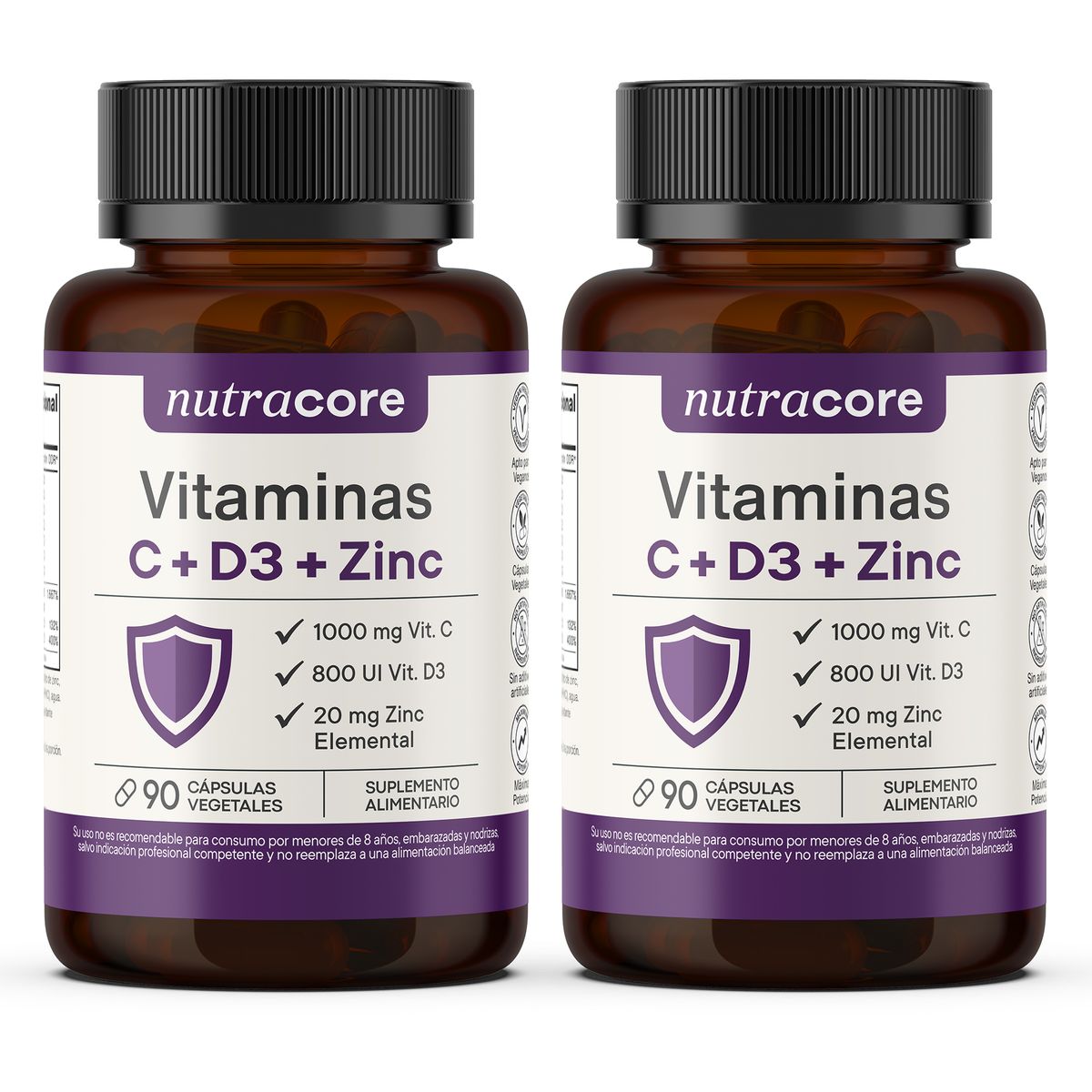 NUTRACORE - Vitaminas C + D3 + Zinc - Pack 3 Meses 2x90 Cápsulas Vegetales - Nutracore