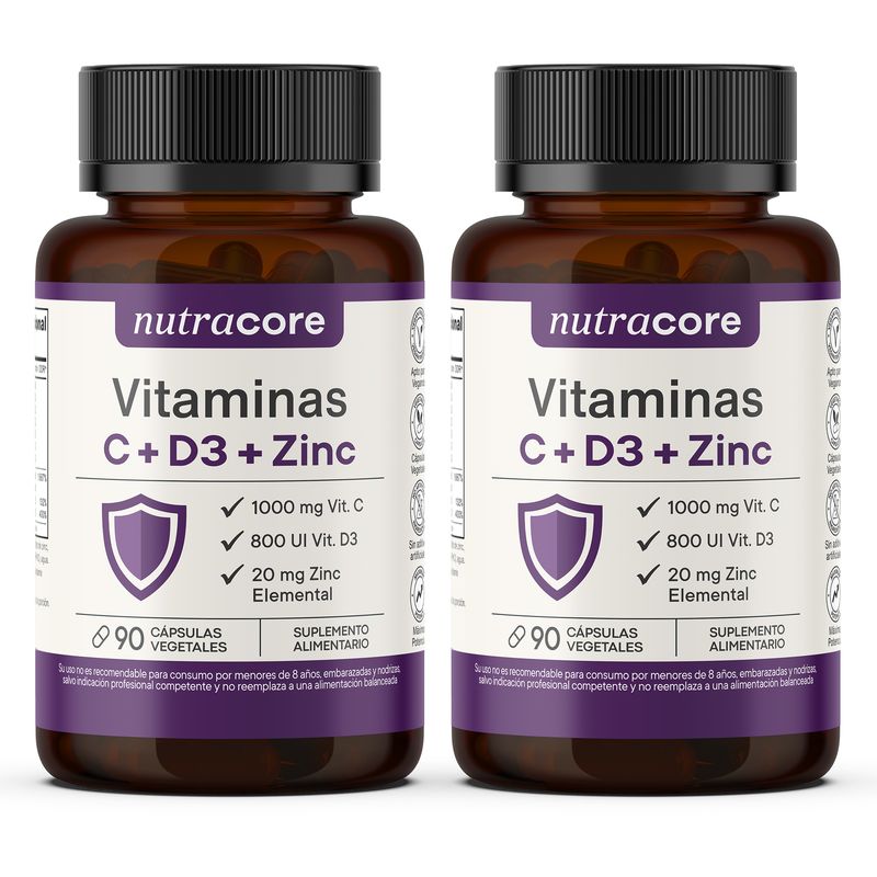 NUTRACORE - Vitaminas C + D3 + Zinc - Pack 3 Meses 2x90 Cápsulas Vegetales - Nutracore