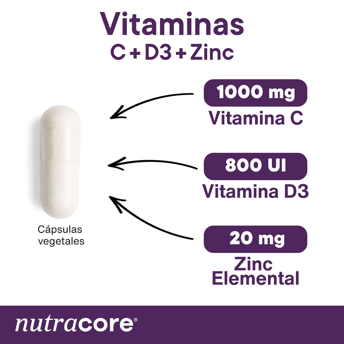 NUTRACORE - Vitaminas C + D3 + Zinc - Pack 3 Meses 2x90 Cápsulas Vegetales - Nutracore