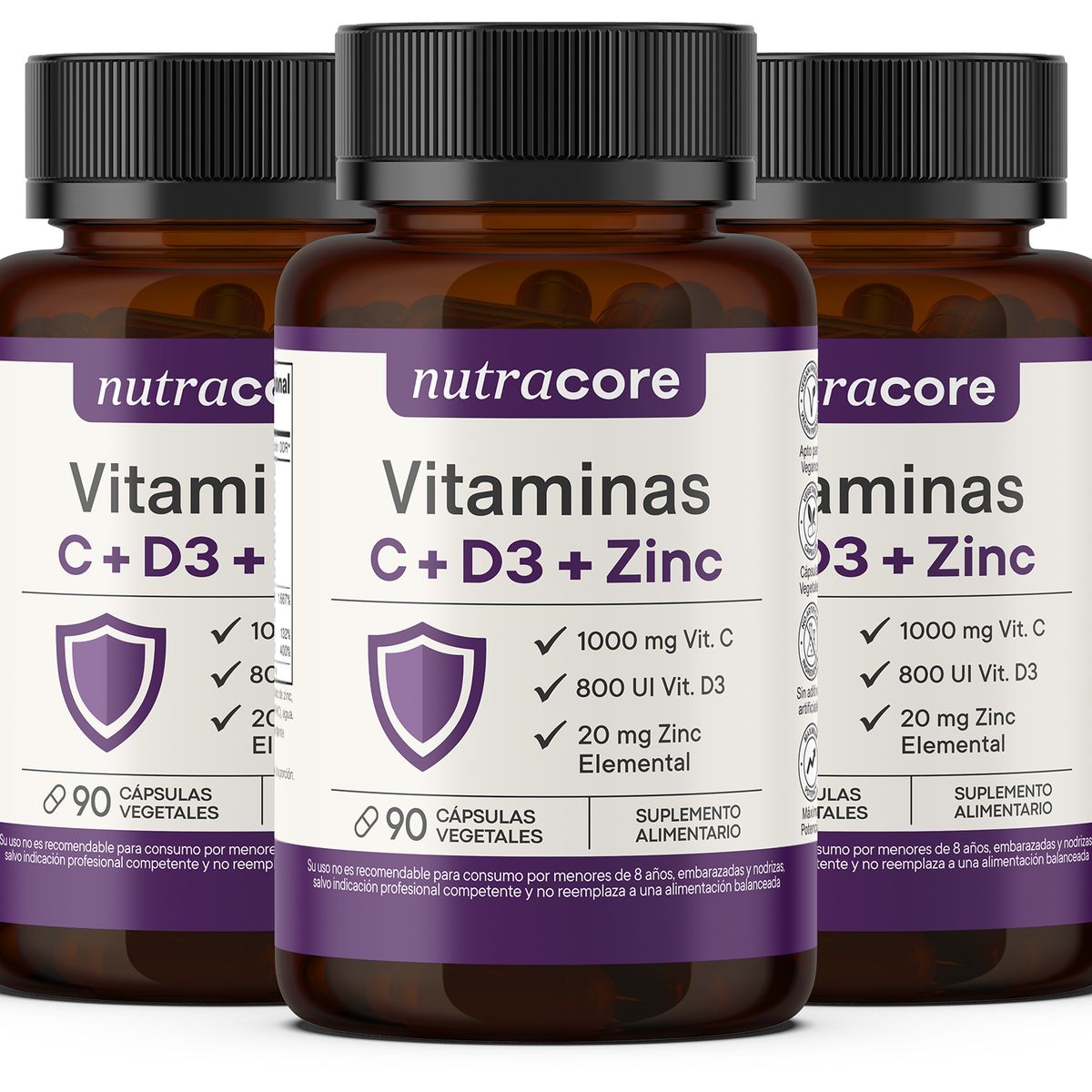 NUTRACORE - Vitaminas C + D3 + Zinc - Pack 3x90 Cápsulas Vegetales  Nutracore