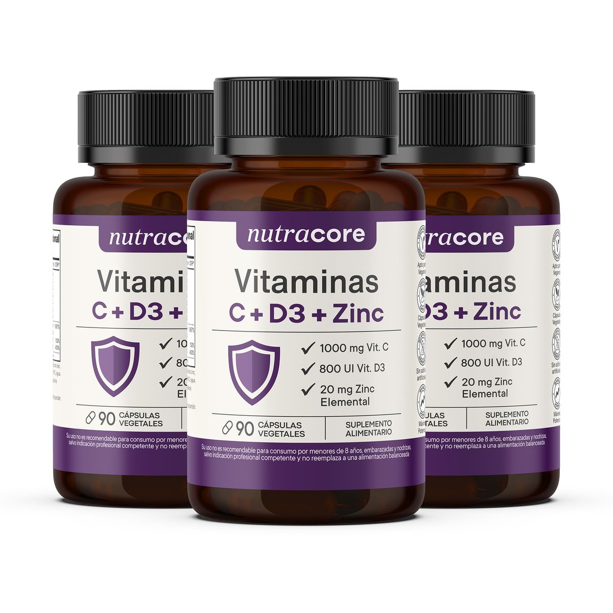 NUTRACORE - Vitaminas C + D3 + Zinc - Pack 3x90 Cápsulas Vegetales  Nutracore
