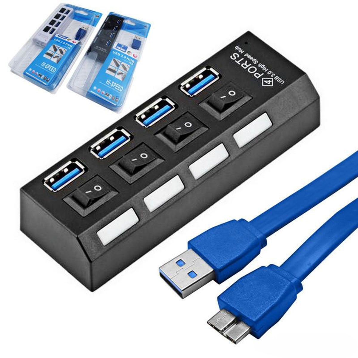 GENERICO - HUB USB 4 PUERTOS 3.0, SWITCH ON/OF, NEGRO.
