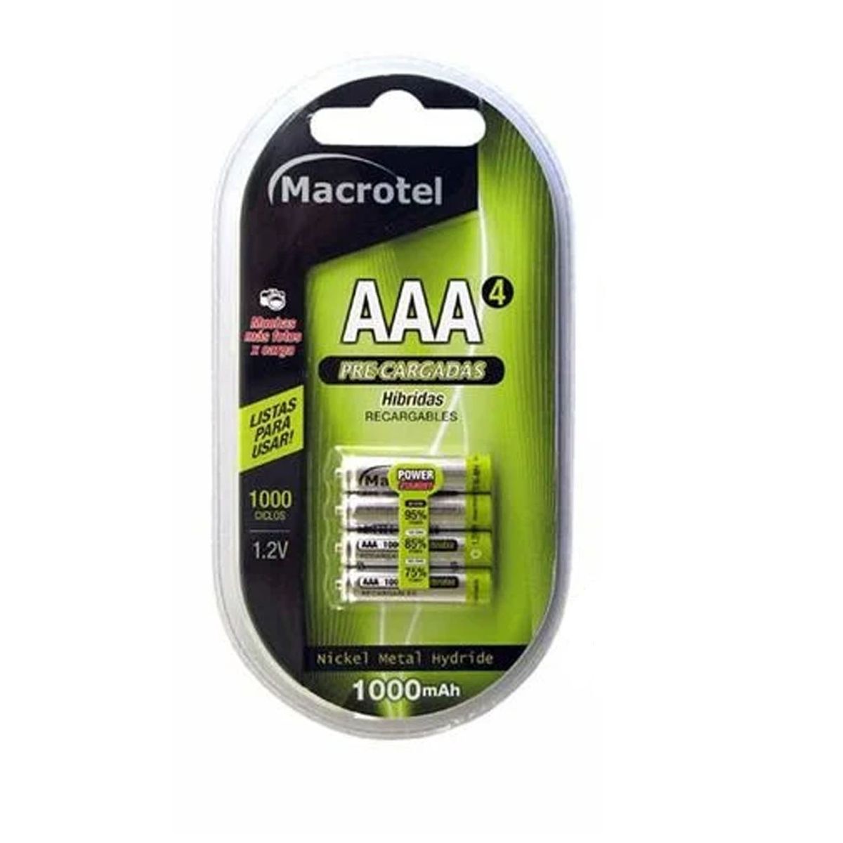 MACROTEL - PILAS RECARGABLES AAA, 4 UNIDADES, 1000 MAH.
