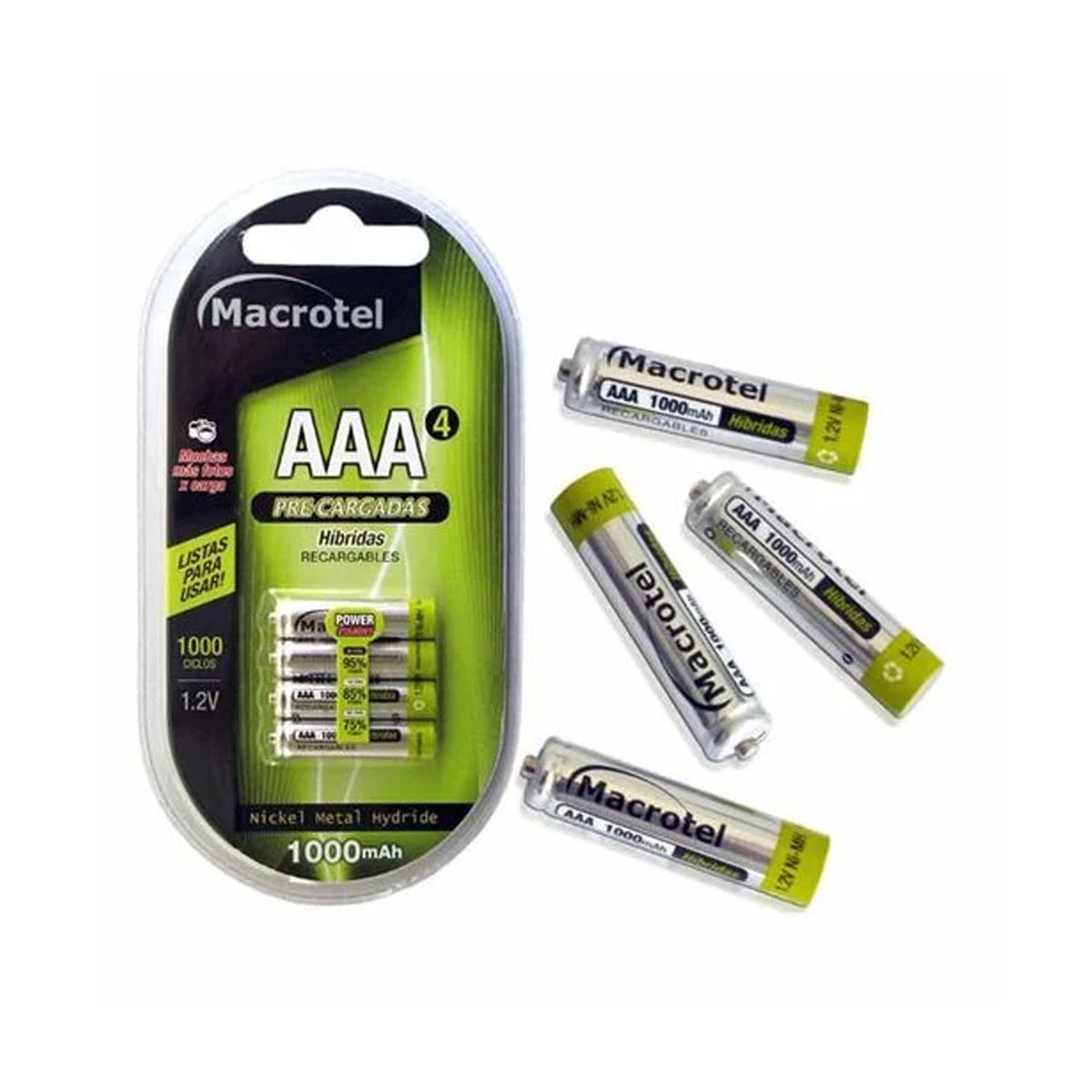 MACROTEL - PILAS RECARGABLES AAA, 4 UNIDADES, 1000 MAH.