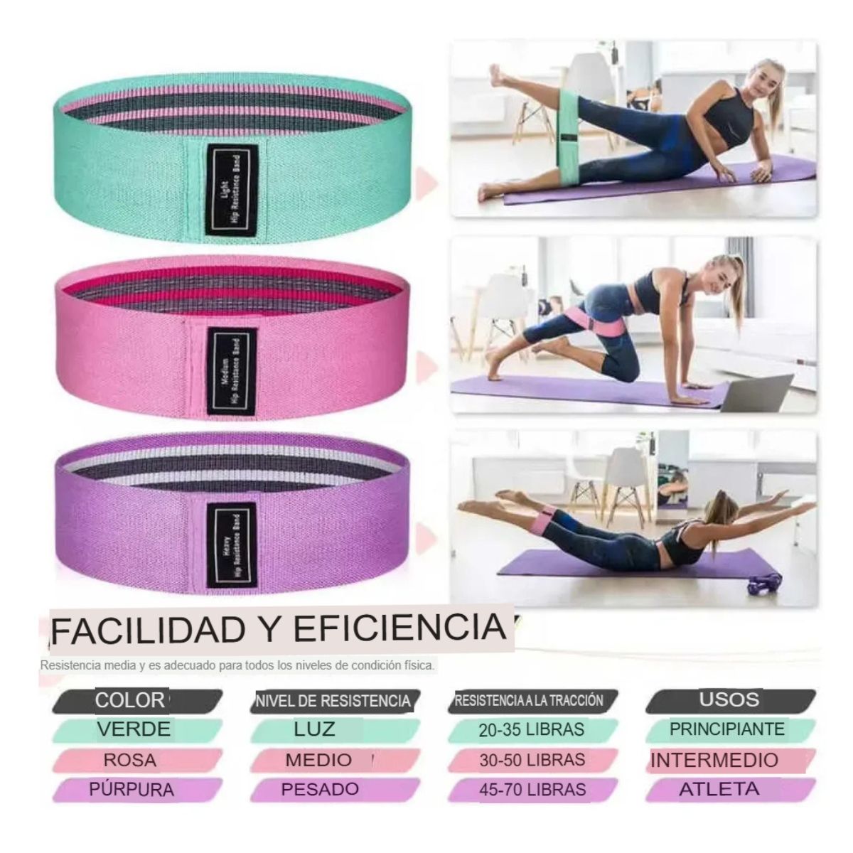 MOVI - Bandas de Elasticas para piernas y glúteos, tela antideslizante, 3 niveles