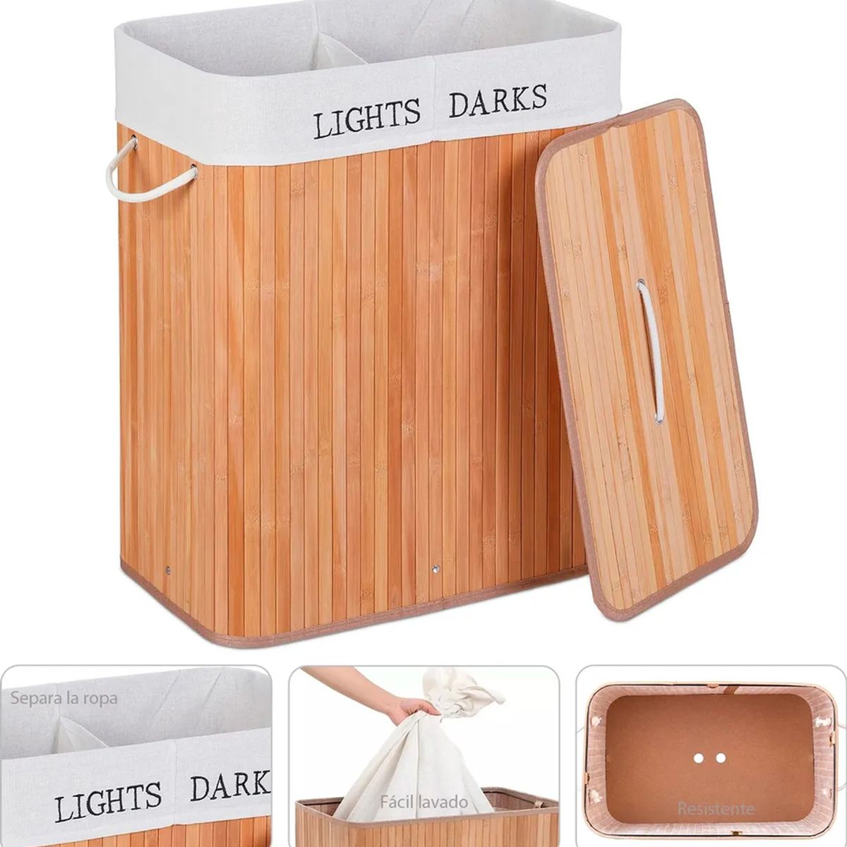 GENERICO - Canasto ropa bambú doble 65cm con tapa