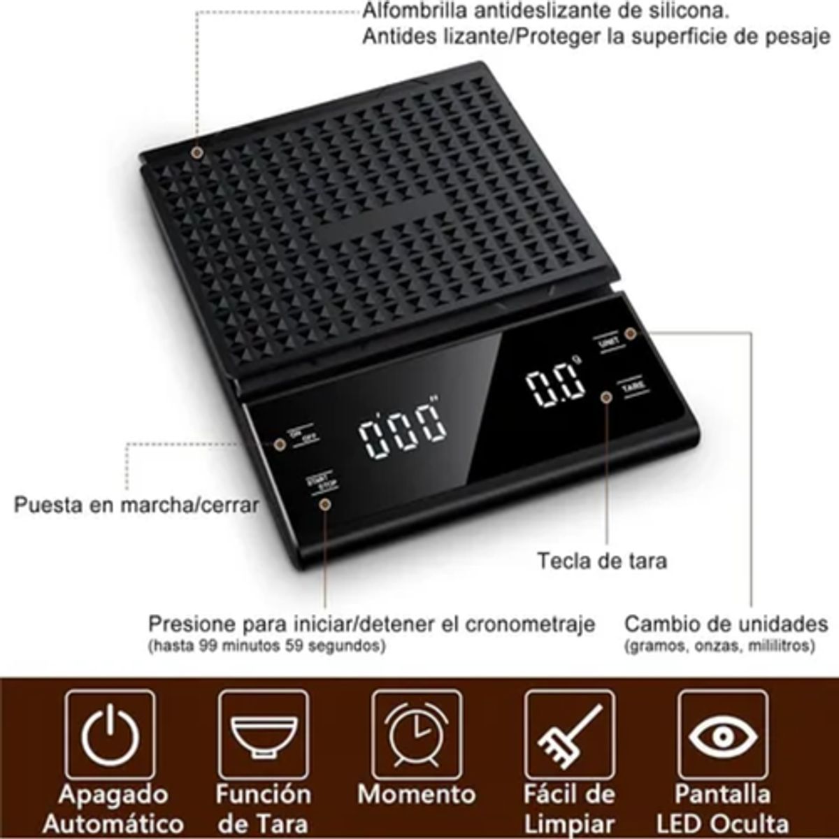 GENERICO - Báscula digital cocina café 3kg con temporizador color negro