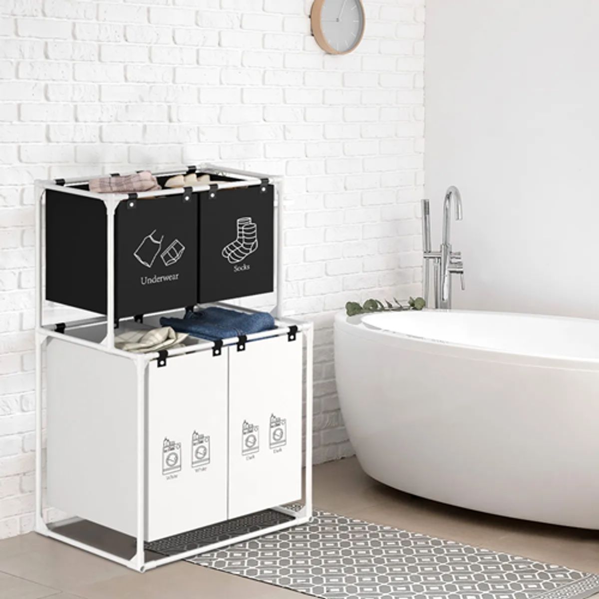 GENERICO - Cesta ropa sucia 4 compartimentos color blanco y negro