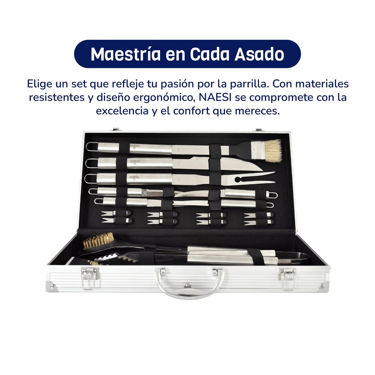 MOVI - MALETA DE LUJO CON SET PARRILLERO DE 18 PIEZAS ACERO INOXIDABLE