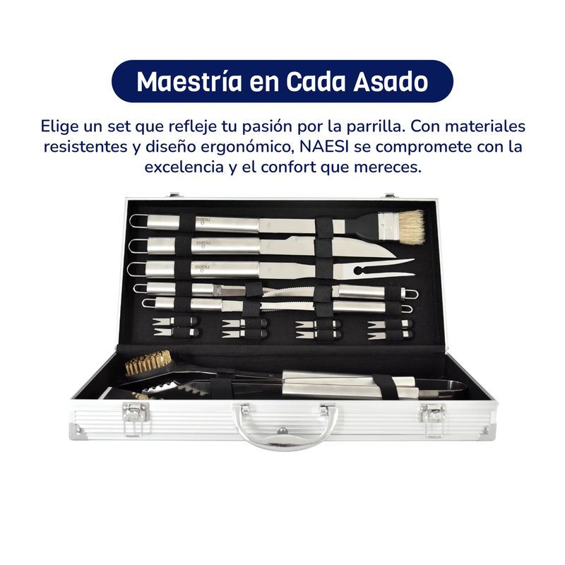 MOVI - MALETA DE LUJO CON SET PARRILLERO DE 18 PIEZAS ACERO INOXIDABLE