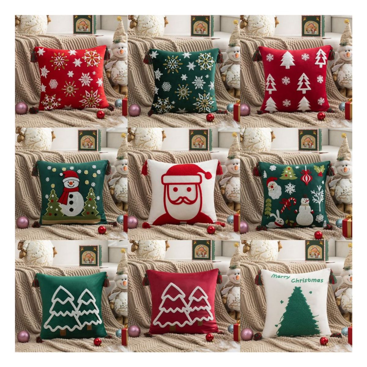 Pack de 4 Fundas Cojín Navidad Pompón 45x45 cm - Árbol Navideño Rojo, marca GENERICO - Foto 2