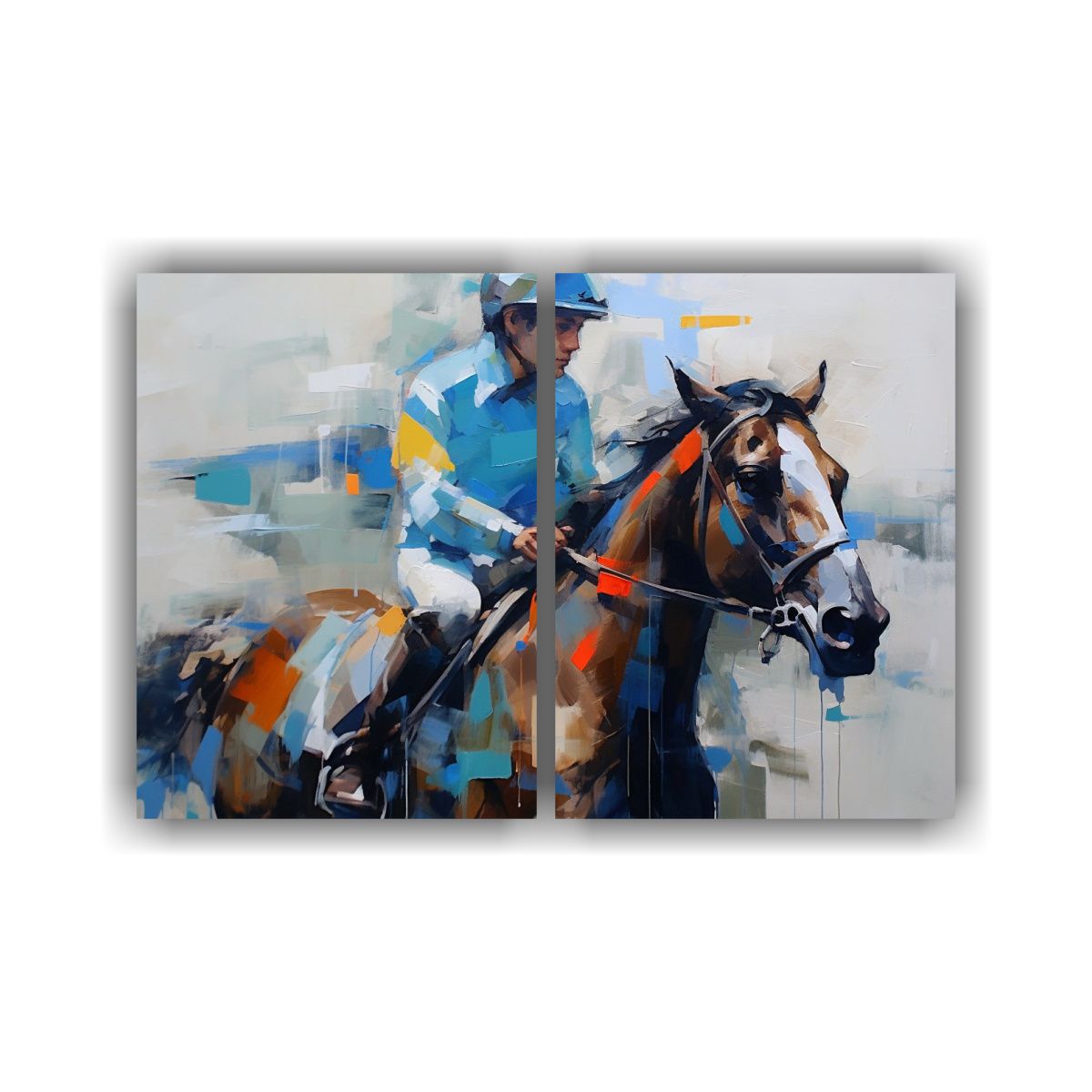 GENERICO - Cuadro Decorativo Jockey Azul Montando Caballo 100x65 Cm