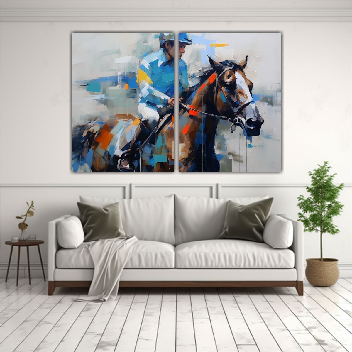 GENERICO - Cuadro Decorativo Jockey Azul Montando Caballo 100x65 Cm