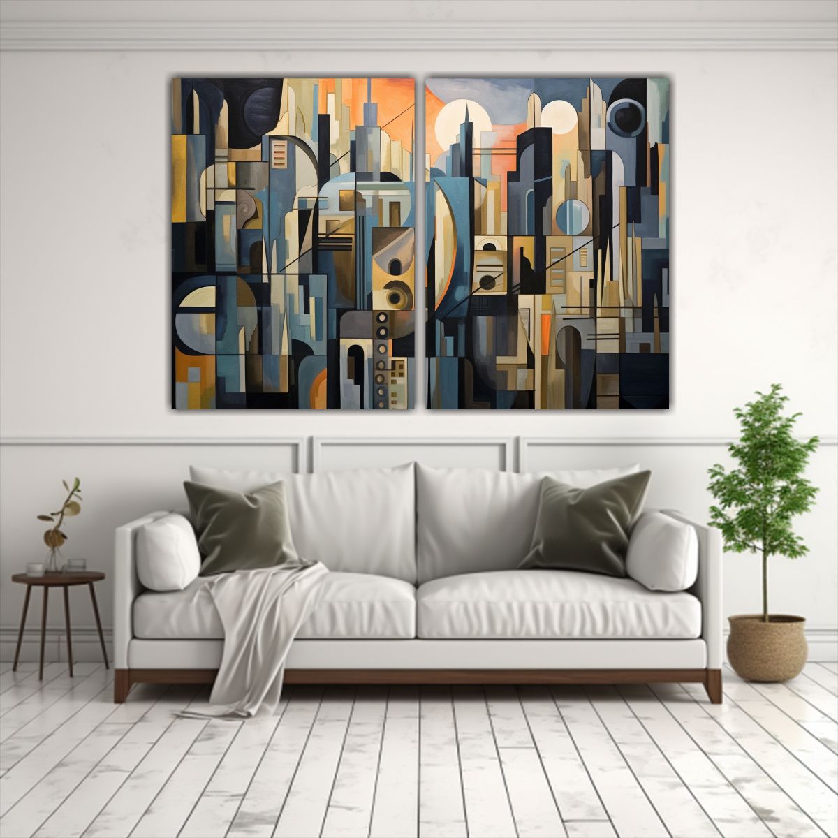 GENERICO - Pintura Ciudad Cubista En Dos Cuadros Horizontal 100x65 Cm