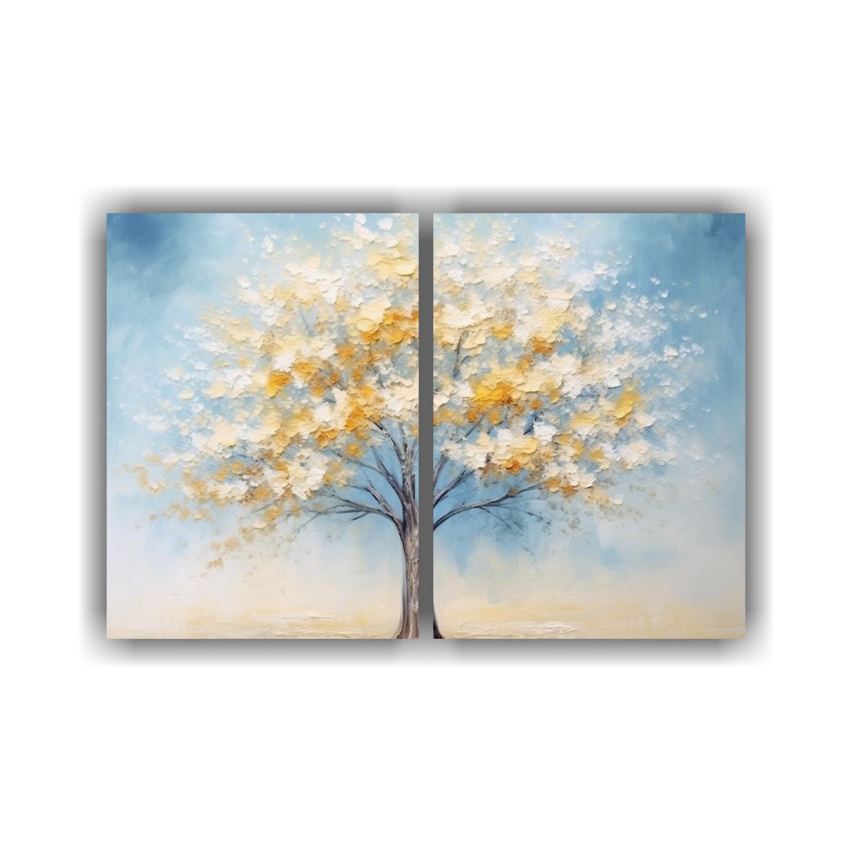 GENERICO - Cuadro Azul Con árbol Amarillo Set 2 Lienzos 100x75 Cm