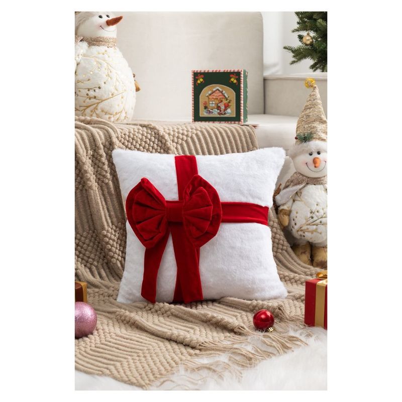 GENERICO - Pack 2 Fundas de Cojín Navidad 45 x 45cm Relieve - Blanco Lazo Rojo