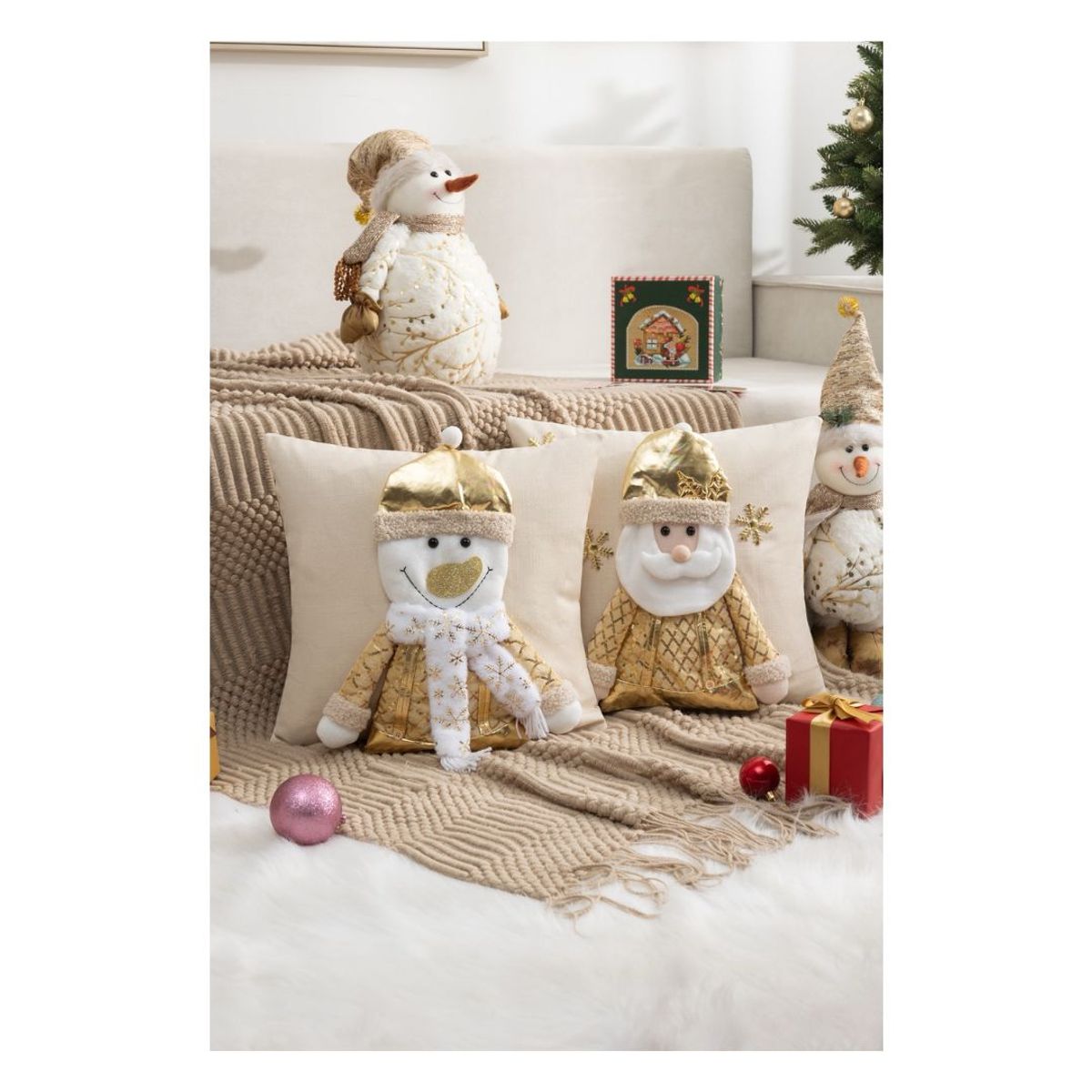 GENERICO - Pack 2 Fundas de Cojín Navidad 45x45 cm Relieve - Snowgie Dorado