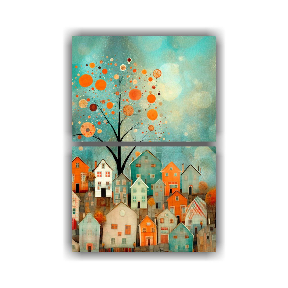 GENERICO - Lienzo Abstracto De Casas Y árbol En Colina 75x100 Cm