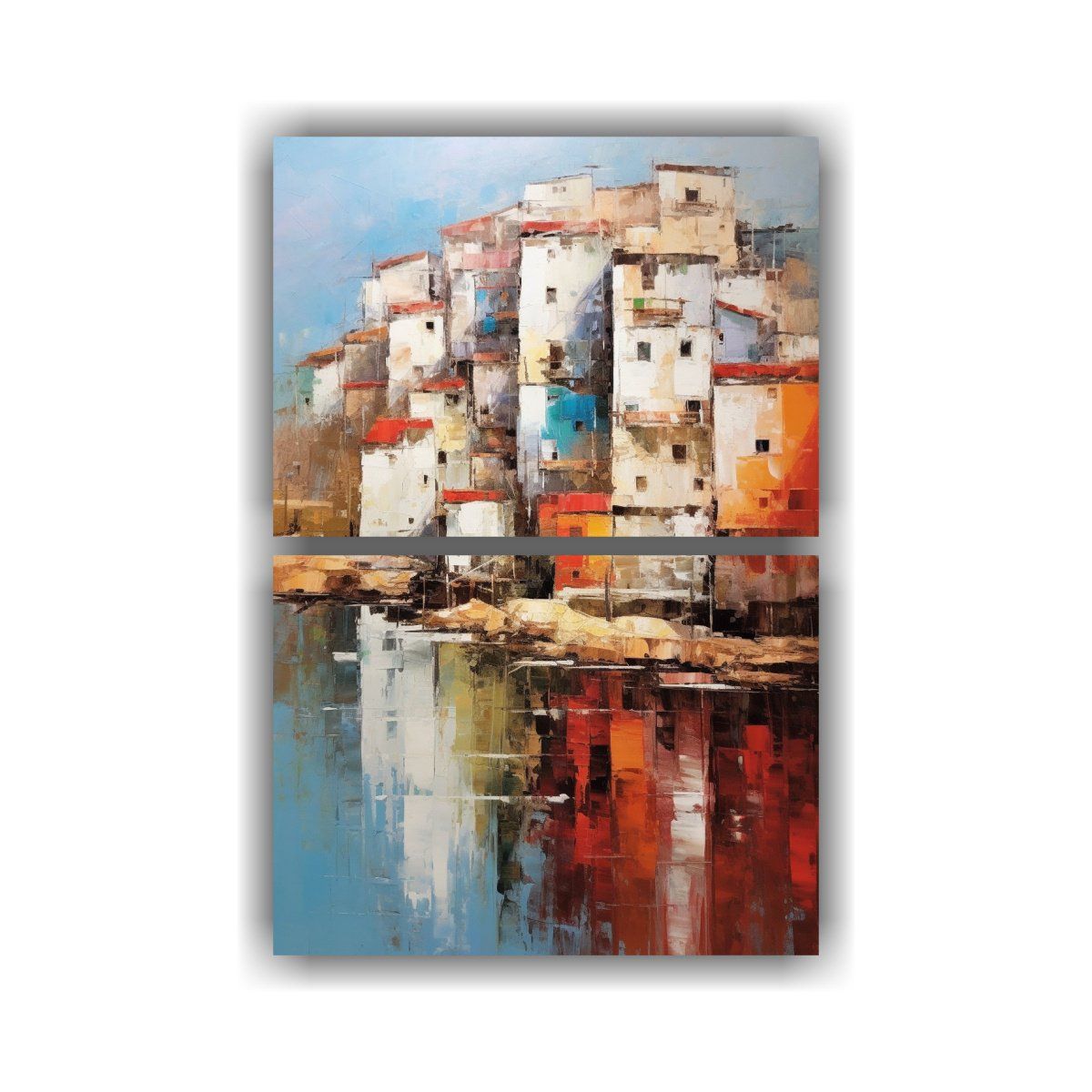 GENERICO - Pintura Abstracta En Lienzo De Un Pueblo Costero 50x80 Cm
