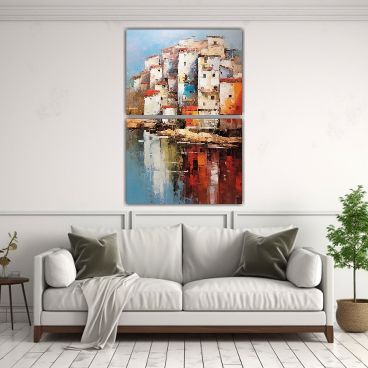 GENERICO - Pintura Abstracta En Lienzo De Un Pueblo Costero 50x80 Cm