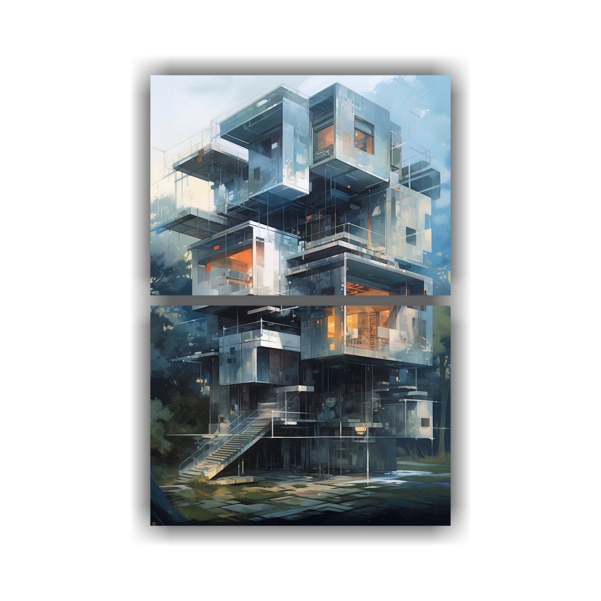 GENERICO - Cuadros Abstractos Con Casa Y Ventanas Para 75x100 Cm