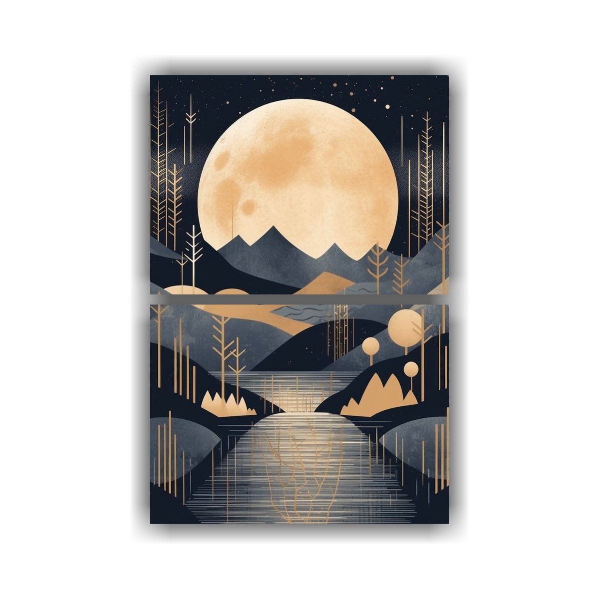 GENERICO - Dos Cuadros Colores Combinación Paisaje Nocturno 60x80 Cm