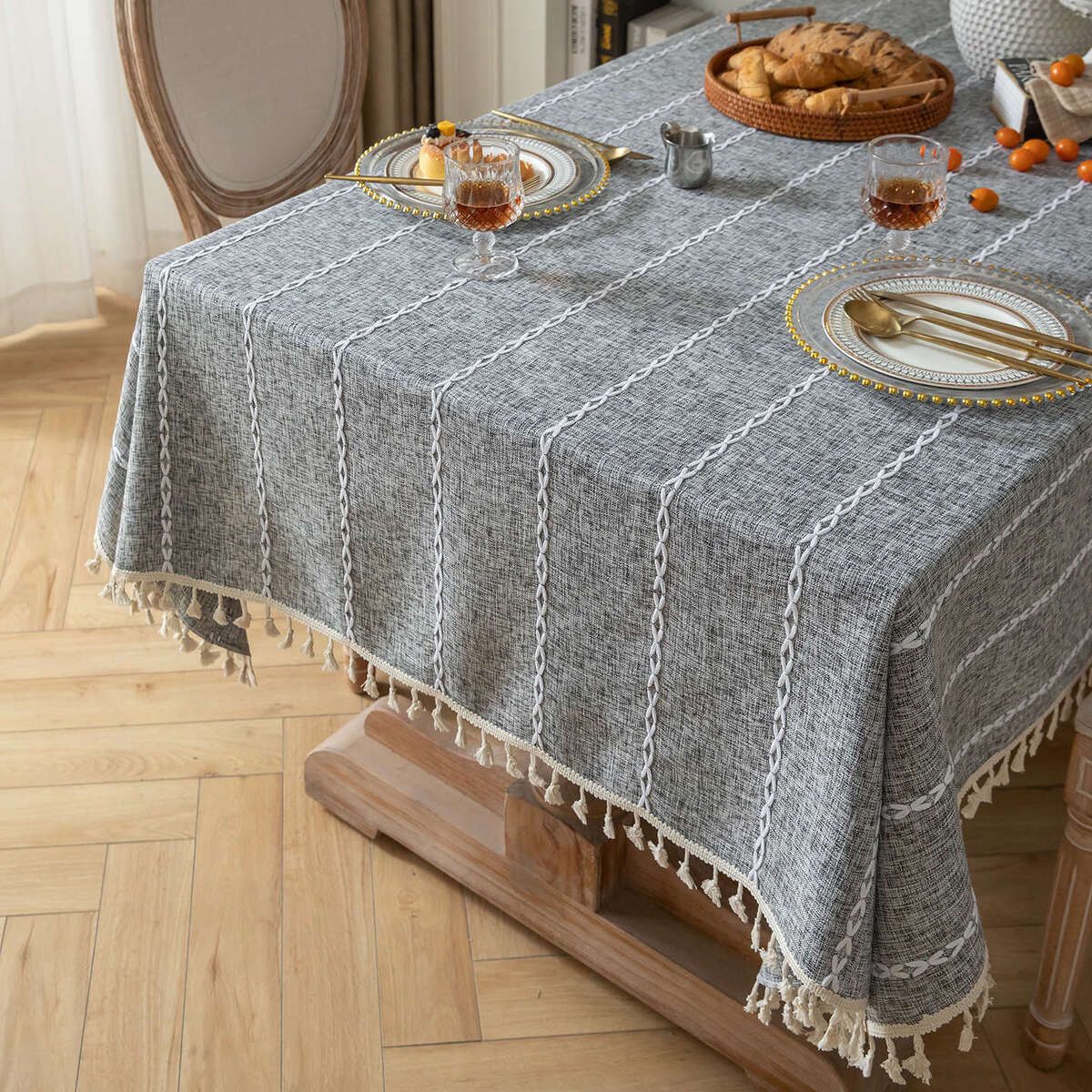 OKAY - Manteles Rectangular De Borla De Algodón Colores 140x220cm Color GRIS