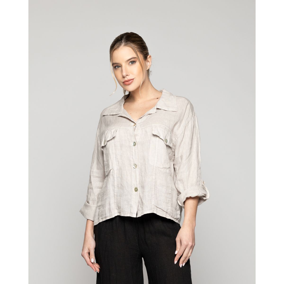 LINEATRE - Chaqueta Mujer Chiara De Lino Con Bolsillos Beige Lineatre