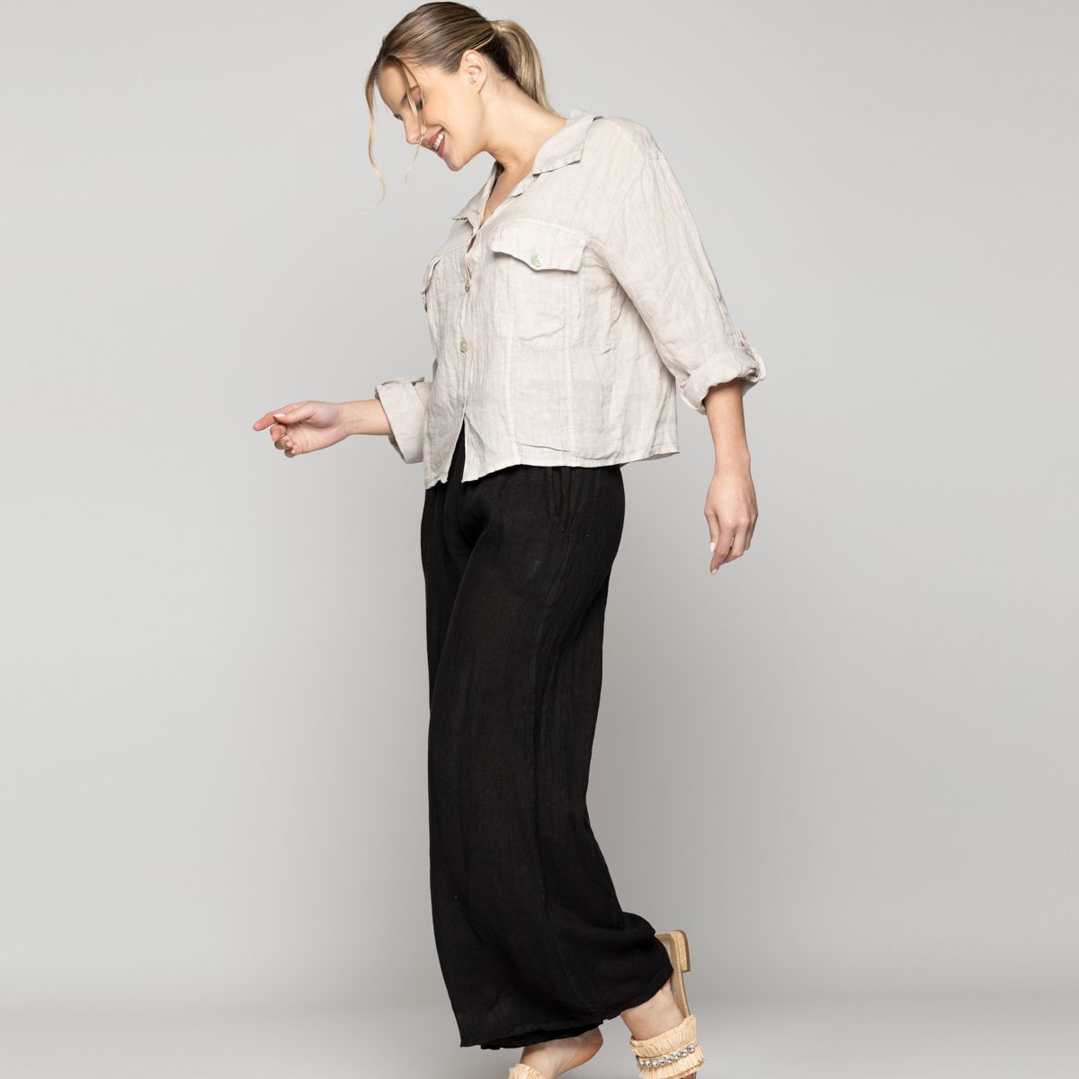 LINEATRE - Chaqueta Mujer Chiara De Lino Con Bolsillos Beige Lineatre