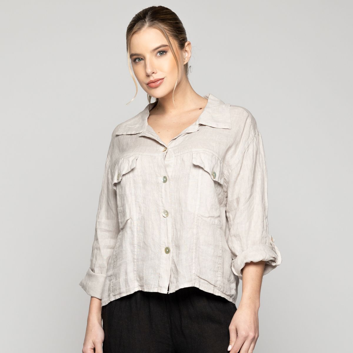 LINEATRE - Chaqueta Mujer Chiara De Lino Con Bolsillos Beige Lineatre