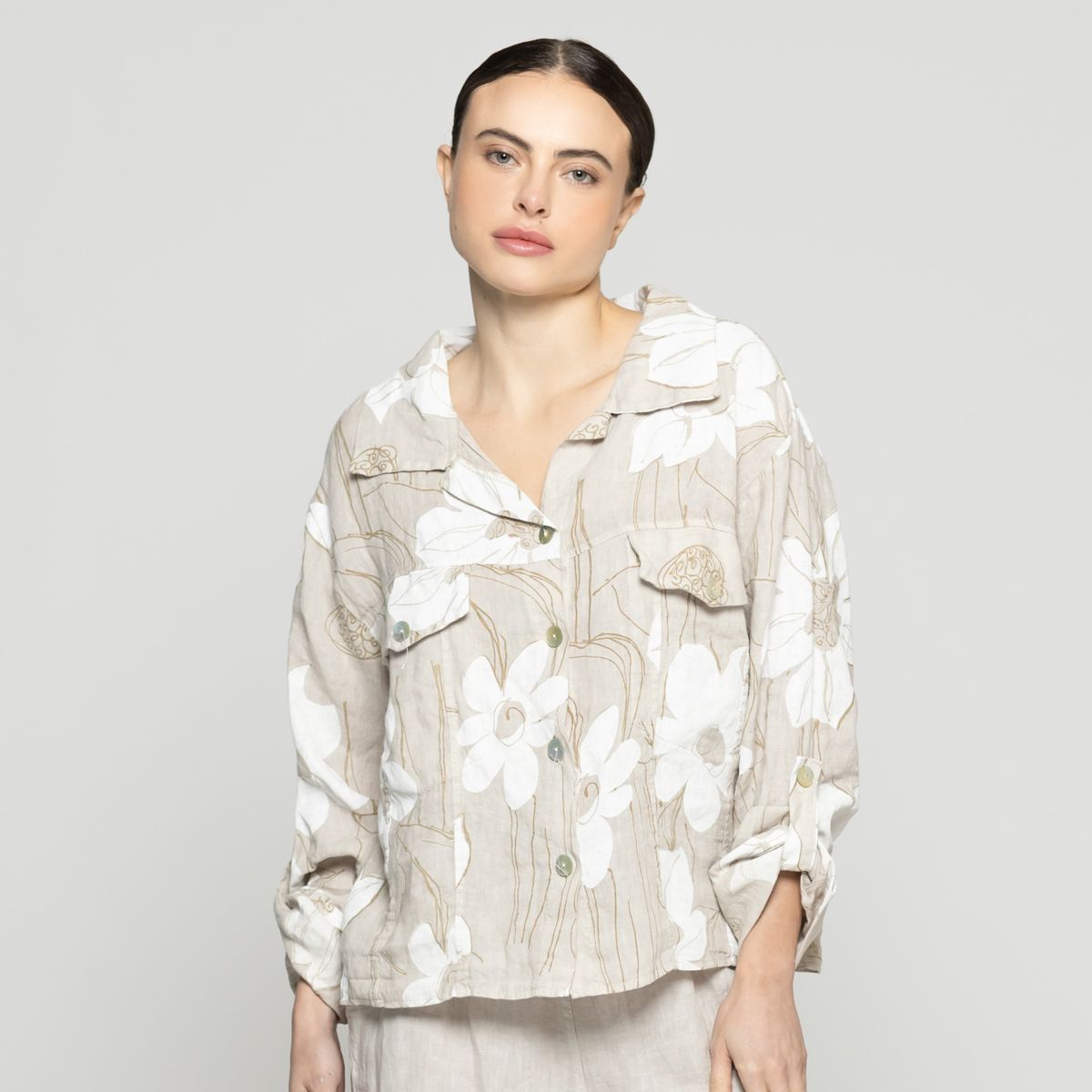 LINEATRE - Chaqueta Mujer Carmen De Lino Con Estampado Floral Beige Lineatre