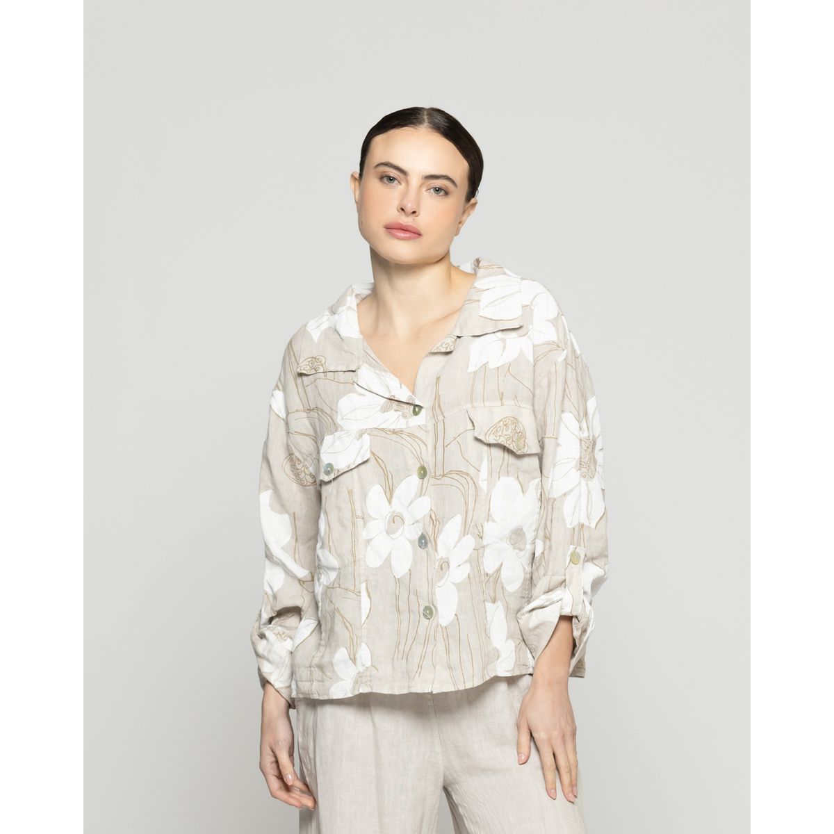 LINEATRE - Chaqueta Mujer Carmen De Lino Con Estampado Floral Beige Lineatre