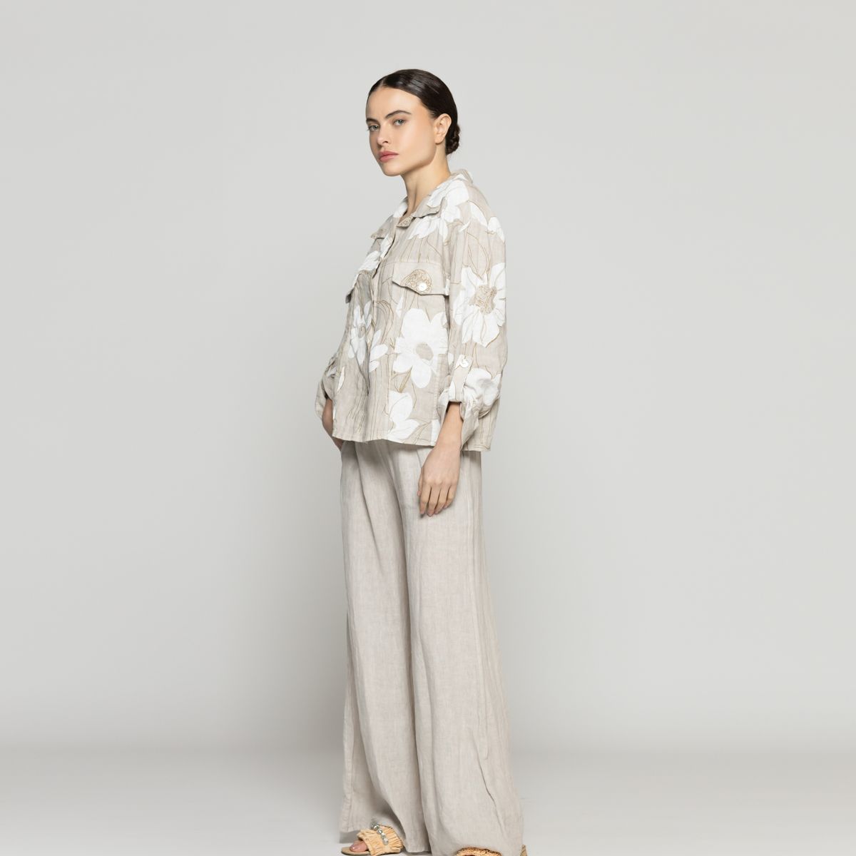 LINEATRE - Chaqueta Mujer Carmen De Lino Con Estampado Floral Beige Lineatre