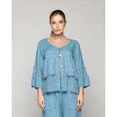 LINEATRE - Chaqueta Mujer Celestina De Lino Con Botones Y Detalles Calados Azul