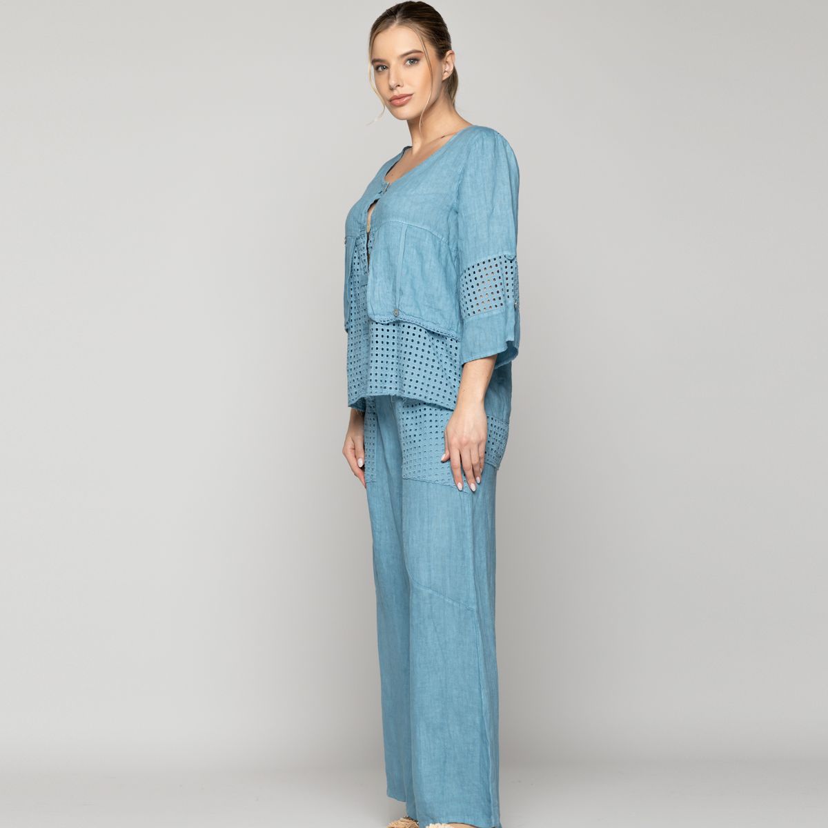 LINEATRE - Chaqueta Mujer Celestina De Lino Con Botones Y Detalles Calados Azul Lineatre