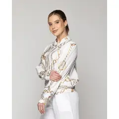 LINEATRE - Chaqueta Mujer Bomber Constanza Blanca Con Diseño De Cadenas Doradas