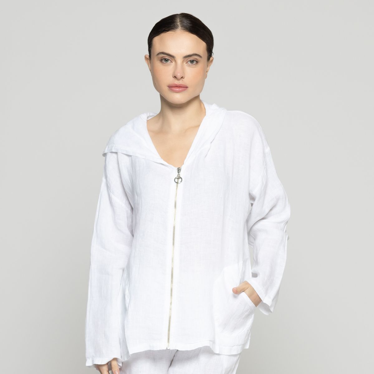 LINEATRE - Chaqueta Mujer Cristina De Lino Con Cierre Y Gorro Blanca Lineatre