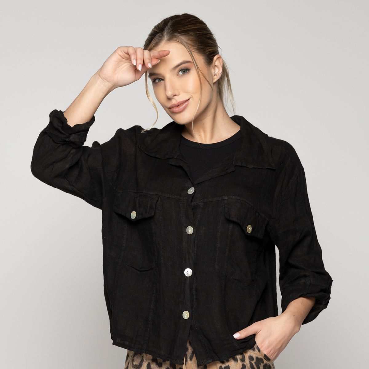 LINEATRE - Chaqueta Mujer Chiara De Lino Con Bolsillos Negra Lineatre