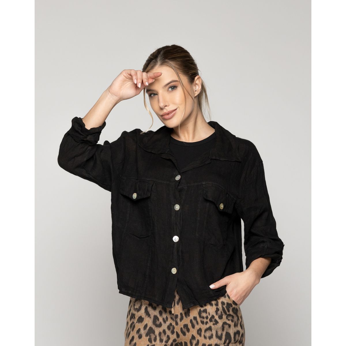 LINEATRE - Chaqueta Mujer Chiara De Lino Con Bolsillos Negra Lineatre