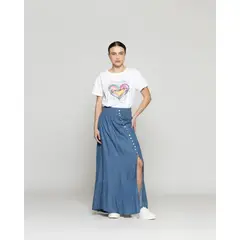 LINEATRE - Falda Mujer Francesca Con Botones Y Cintura Elasticada Jeans