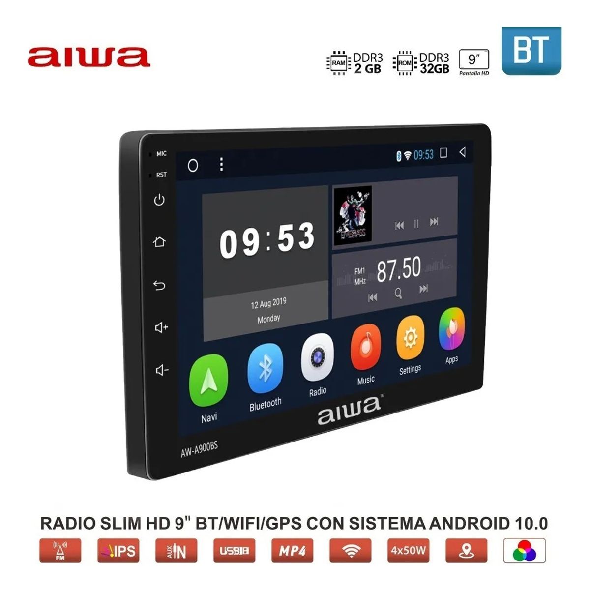 AIWA - Radio Auto Con Pantalla Slim Hd 9 Wifi Gps Aw-a900bs Aiwa